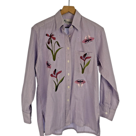 Mili Designs Tops - MILI DESIGNS Embroidered Blouse Top Womens Purple S Gingham Check Butterflies